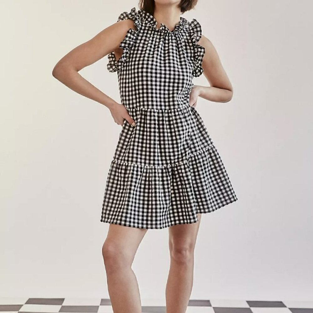 Anthropologie Maeve Lida Ruffled Mini Dress Tiered Popover Gingham Check Size M - Picture 2 of 13